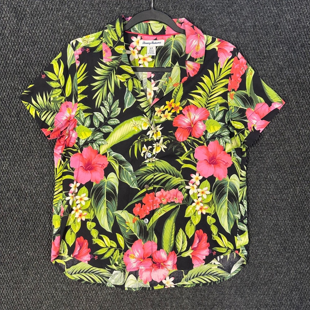 Tommy Bahama Hawaiian Aloha Shirt Womens S Black Pink Silk Tropical Hibiscus